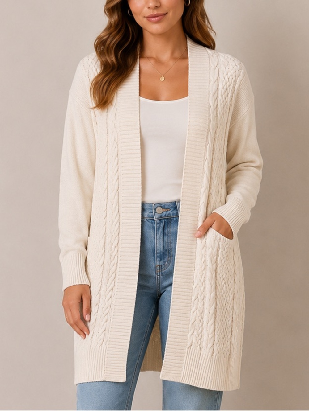 Soyaconcept Cable Knit Long Soft Cardigan Sweater Top Cream XS